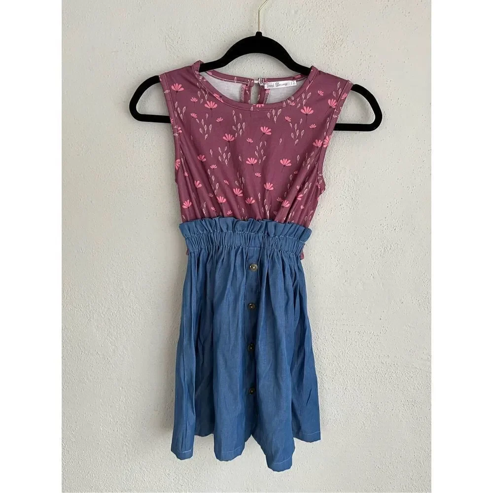 Trend Blossoms Girl Dusty Rose& Blue ChambryFloral Bow Button- Up Dress